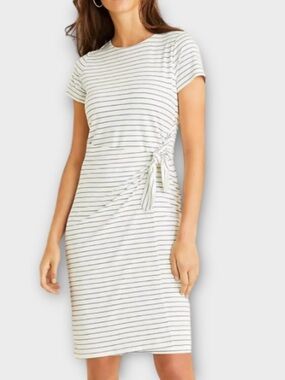 Ann Taylor Ivory and Navy Striped Tie-Waist Mini Dress